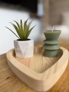 a wooden table with two vases and a plant on it at L'éclat du phare in Calais