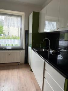 a kitchen with white cabinets and a sink and a window at Apartments Zur Eiche in Großräschen