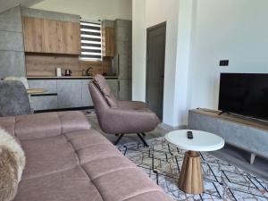 a living room with a couch and a tv and a table at Luxury apartmans in Mavrovo
