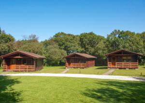a group of three wooden cabins in a park at Eastcott Lodges in North Tamerton
