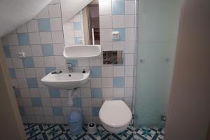a small bathroom with a toilet and a sink at Dom Wypoczynkowy IRMINA in Karwia +72 photos