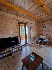 a living room with a large television and a table at Brvnara Aleksandra Tara Sekulić in Konjska Reka