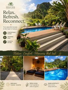 a collage of photos of a swimming pool and a magazine advertisement at Khao Sok Holiday Resort in Khao Sok National Park