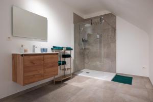 a bathroom with a shower and a sink and a mirror at Klein Lauw 39 in Tongeren +44 photos