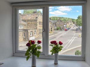 two roses in vases sitting on a window sill at Morton Loft in Hathersage