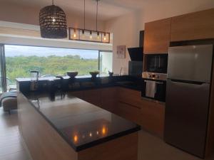 a kitchen with a stainless steel refrigerator and a counter at Le Frangipanier - Appartement de luxe 3 chambres, 3 sdb, Péreybère in Pereybere