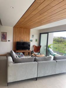 a living room with a couch and a television at Le Frangipanier - Appartement de luxe 3 chambres, 3 sdb, Péreybère in Pereybere