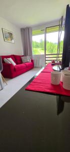 a living room with a red couch and a red rug at Casa Preziosa Cielo Alto in Breuil-Cervinia