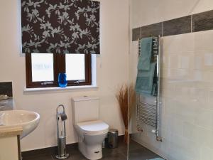 a bathroom with a toilet and a sink and a window at Cairn View in Strachan
