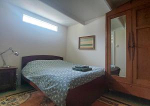 a bedroom with a bed and a lamp and a mirror at Klein huisje in het centrum in Apeldoorn