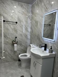 a bathroom with a toilet and a sink and a mirror at Linet Apartament in Goris +21 photos
