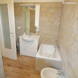 a bathroom with a sink and a toilet and a mirror at Rifugio del Piemont in Villaretto