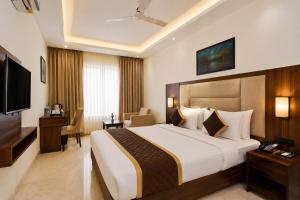 a hotel room with a bed and a television at Hotel Aviora Plaza By Almati Group Near IGI Delhi Airport With - Free Airport Pickup in New Delhi