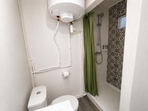 a bathroom with a toilet and a green shower curtain at Cosy & Clim Parfait jusqu'à 6 voyageurs bus gare shopping centre in Béziers