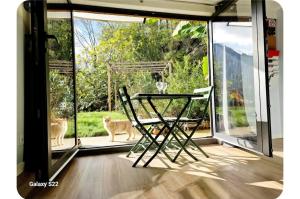 two cats standing on a patio with a table and chairs at Le Chalet de Pyrène et Hercule in Arignac