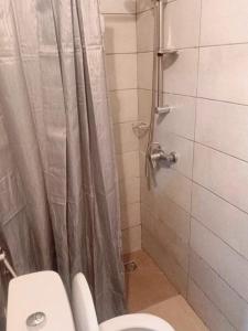 a bathroom with a shower with a toilet and a shower curtain at la maison PAIX in Île de Petit-Bassam