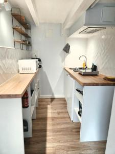 a kitchen with a sink and a counter top at Le Chalet de Pyrène et Hercule in Arignac +19 photos
