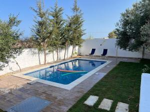 a swimming pool with two paddles in a yard at Spacious villa for holidays in Kerkouene