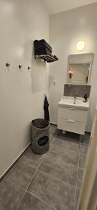a bathroom with a sink and a trash can at Stora Beddinge - Moon apartment in Klagstorp +10 photos