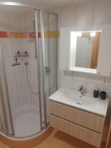 a bathroom with a shower and a sink at Familienhof Kain in Tiefgraben +26 photos