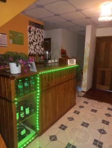 a bar with green lights on the counter at GoldenBird Mindo in Mindo