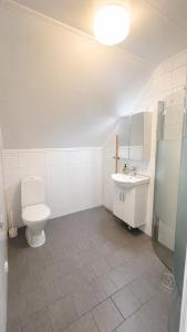 a white bathroom with a toilet and a sink at Villa Kaxberg in Södertälje +22 photos