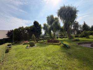 a park with a bench and trees in a field at Apartament Modrzewia in Elblag