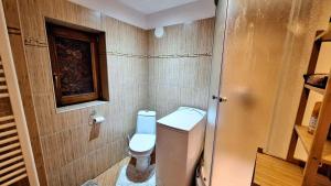 a small bathroom with a toilet and a window at Chata uprostred lesa Modrová in Modrová +14 photos
