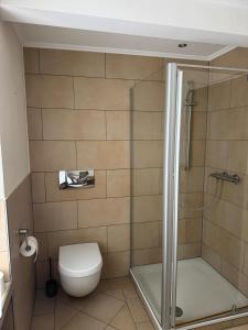 a bathroom with a toilet and a shower at Stadtvilla Annabelle - mit Sauna in Meschede +17 photos