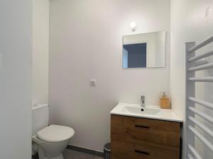 a bathroom with a toilet and a sink and a mirror at Duplex du Paradis 2 chambres in Saint-Romain-de-Jalionas +11 photos