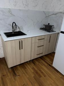 a kitchen counter with a sink and a stove at temo lali in Tbilisi City