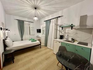 a small room with a bed and a kitchen at Pansion Episkopi Studios in Skopelos Town +124 photos