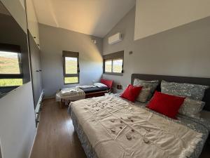 a bedroom with a large bed with red pillows at Autarke Ökovilla in Agios Myronas