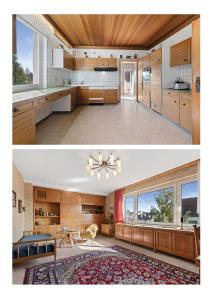 a large kitchen with wooden cabinets and a large window at Residence KESH in Krumbach