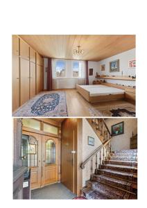 two pictures of a room with a bed and stairs at Residence KESH in Krumbach