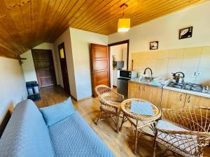 a living room with a couch and a kitchen at Wygodne Spanie in Cisna