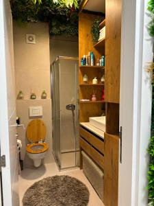 a bathroom with a shower and a toilet and a sink at Lux Apartman Leša in Vrdnik +25 photos