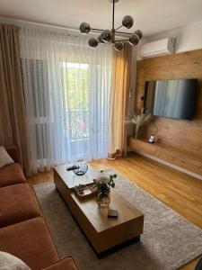 a living room with a couch and a coffee table at Lux Apartman Leša in Vrdnik