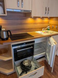 a kitchen with an oven with a pot on top of it at Frickenblick Lounge & Sauna in Farchant +10 photos