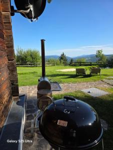 a bbq grill with a black pot on a patio at Waldheimathütten in Sankt Kathrein am Hauenstein