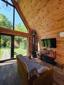 a living room with a couch and a tv at Cabana ONYX Baile Olanesti in Băile Olăneşti
