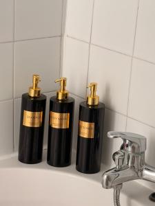 three black bottles sitting on a counter next to a sink at Grand Studio Centre Fontainebleau INSEAD - Cocon Deluxe in Fontainebleau +32 photos