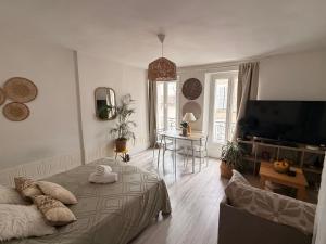 a living room with a bed and a tv at Grand Studio Centre Fontainebleau INSEAD - Cocon Deluxe in Fontainebleau