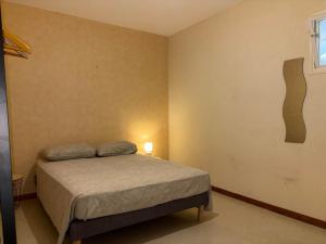 a bedroom with a bed and a lamp on the wall at Appartement centre-ville Montluel in Montluel