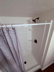 eine Dusche mit Duschvorhang und Duschstange in der Unterkunft Super Nice! Unit #3 in Lincoln