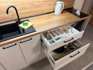 a kitchen counter with a sink and white cabinets at Kolík Apartmány in Bohumín +14 photos