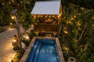 an overhead view of a swimming pool in a garden at night at Akho Panorama in Batumi