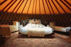 a room with two beds in a yurt at Yurtcamp Devon in Heathfield