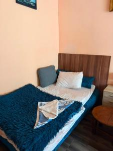 a bed with a blue blanket on top of it at Village FLOWER IVY Montenegro in Nikšić