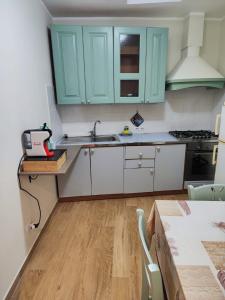 a kitchen with green cabinets and a sink and a table at A Chera Via in Laureana Cilento +4 photos